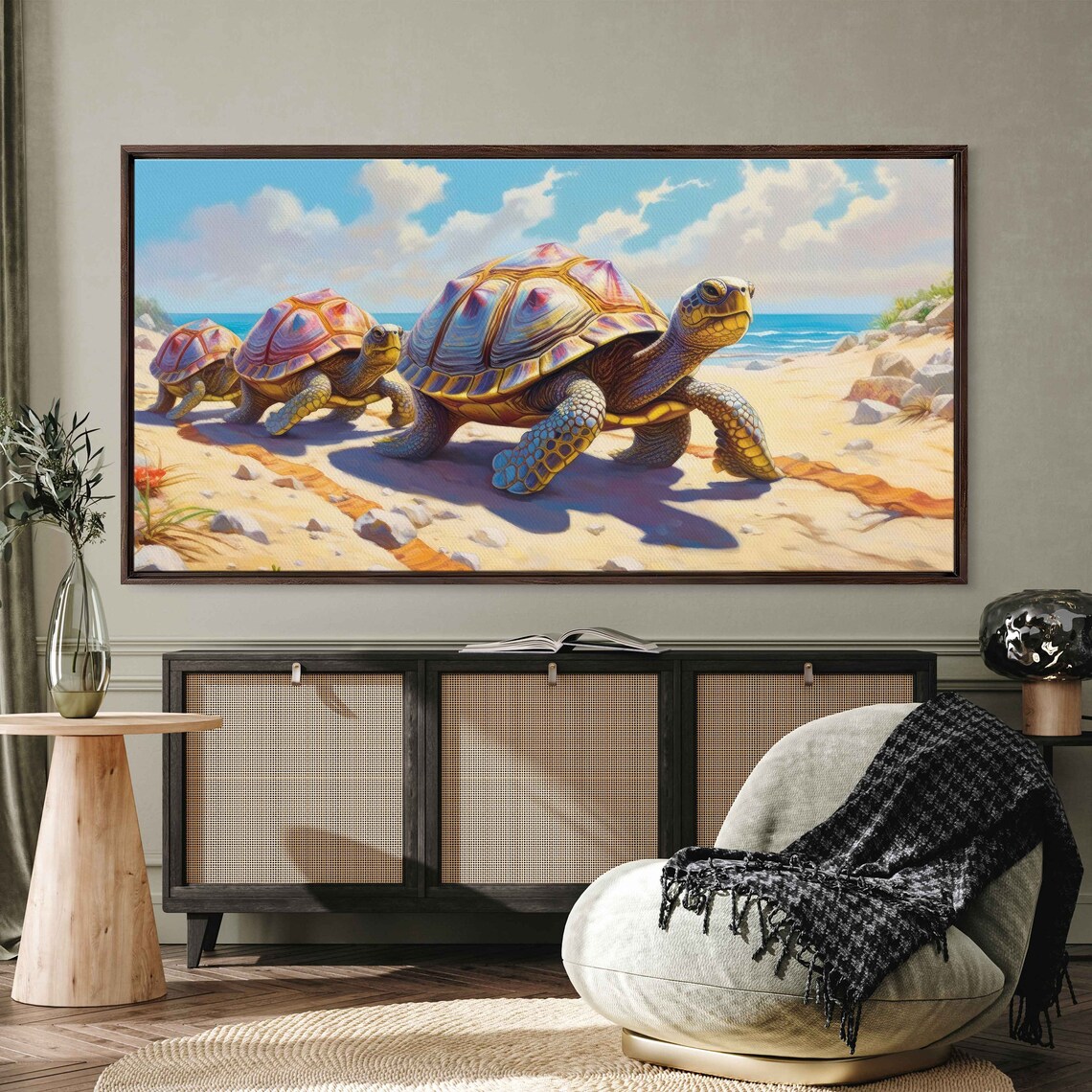 Turtles Walking On Beach Oil Painting Framed Print Ready To Hang - Image 2