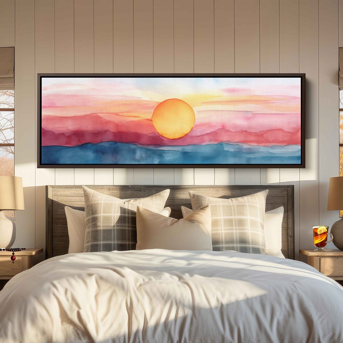 Watercolor Sunset Big Orange Sun Layered Mountains Lake Panorama Print - Image 2