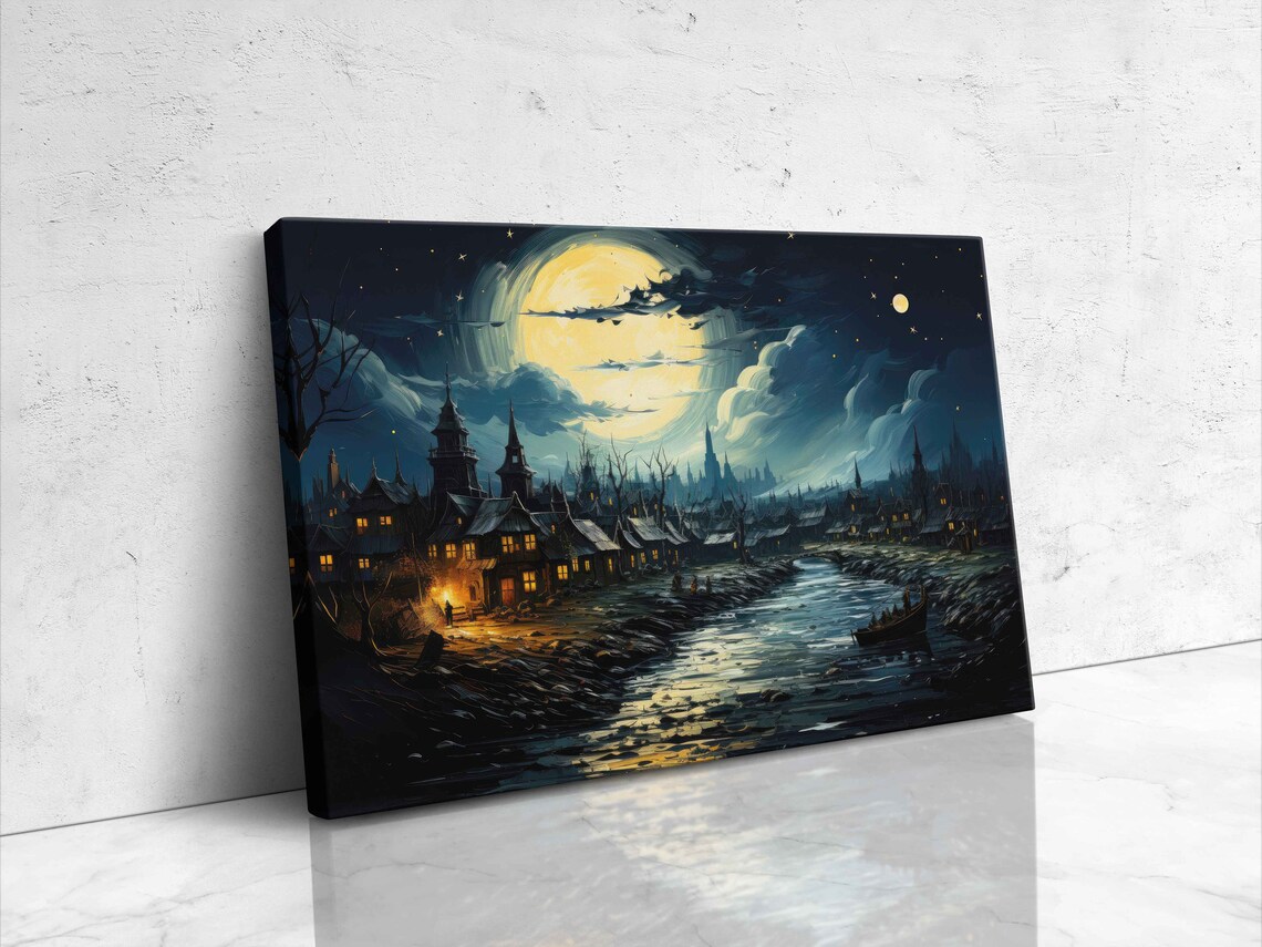 Spooky Moonlit Old Town Village Night Van Gogh Inspired Painting Art Poster - Image 4