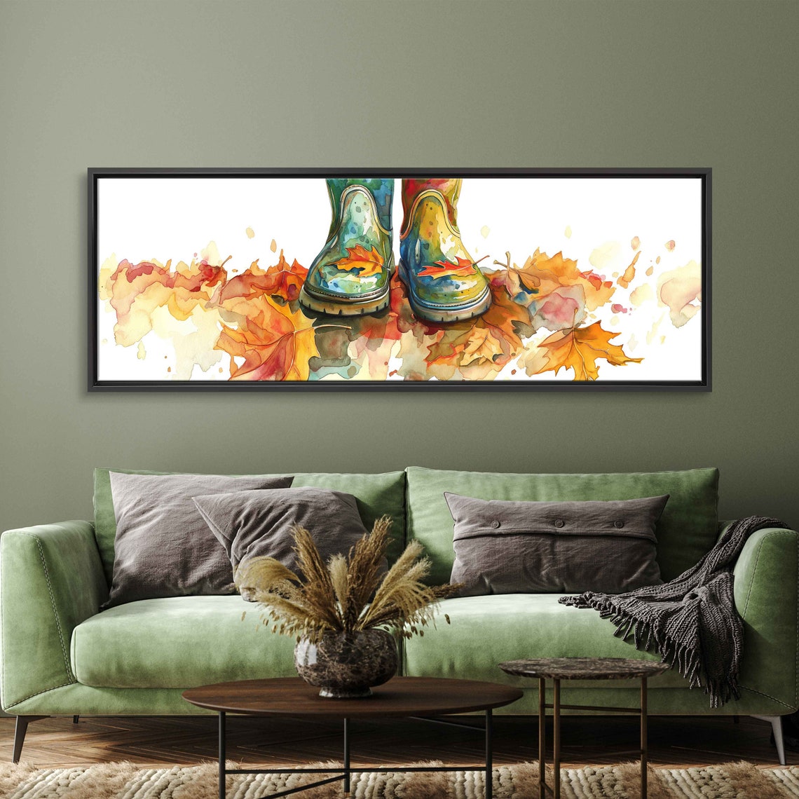 Colorful Rain Boots Standing On Autumn Leaves Watercolor Art Poster - Image 3