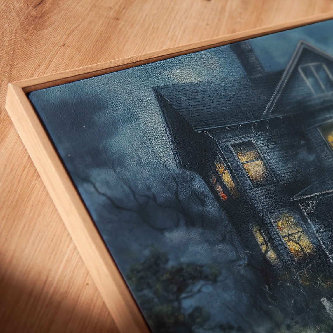 Old Haunted House Foggy Night Glowing Windows Full Moon Spooky Poster - Image 2