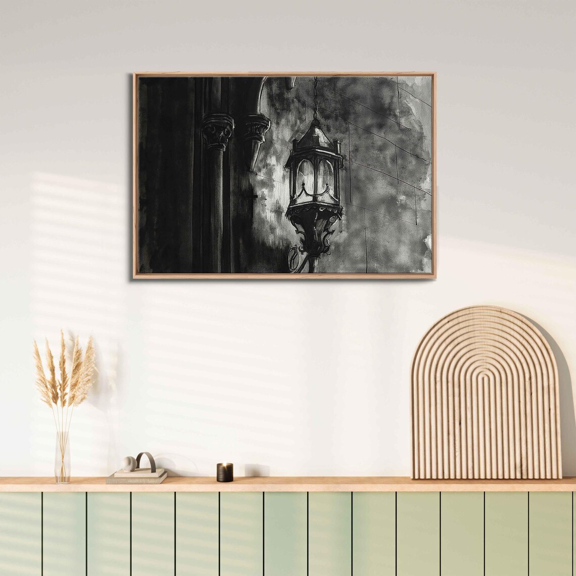 Gothic Lantern Hanging From Chain On Dark Stone Wall Monochrome Watercolor Poster - Image 3