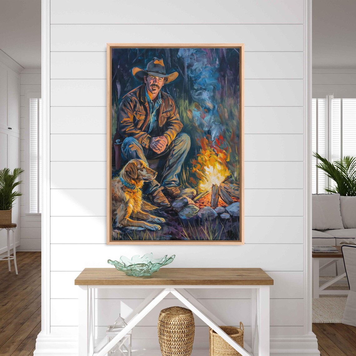 Cowboy And Loyal Dog By Campfire At Night Western Scene Poster