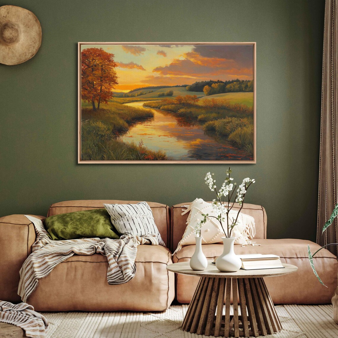 Serene Countryside Landscape, Autumn Foliage Stream Sunset - Image 3