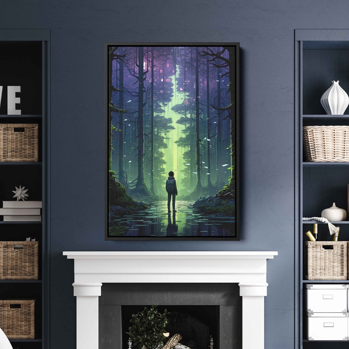 Boy In Glowing Fantasy Forest Neon Green Light Flooded Path Wall Art - Image 3