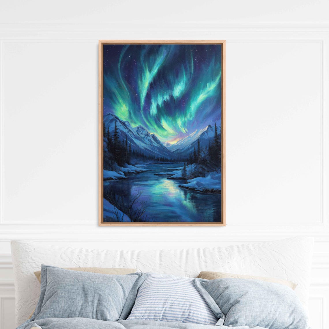 Northern Lights Over Snowy Mountain River Valley Night Sky Poster