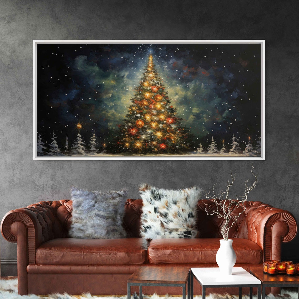 Magical Glowing Christmas Tree Dark Starry Night Painting Poster