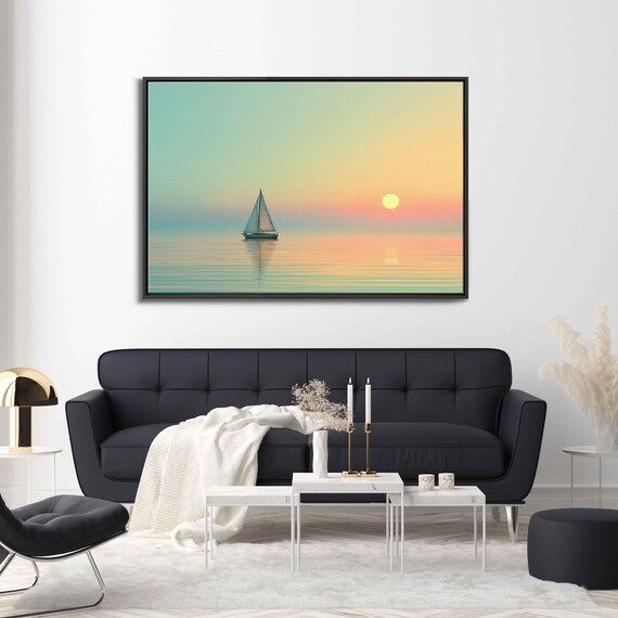 Sailboat Gliding Sunset Peach Sky Calm Sea Minimalist Wall Poster
