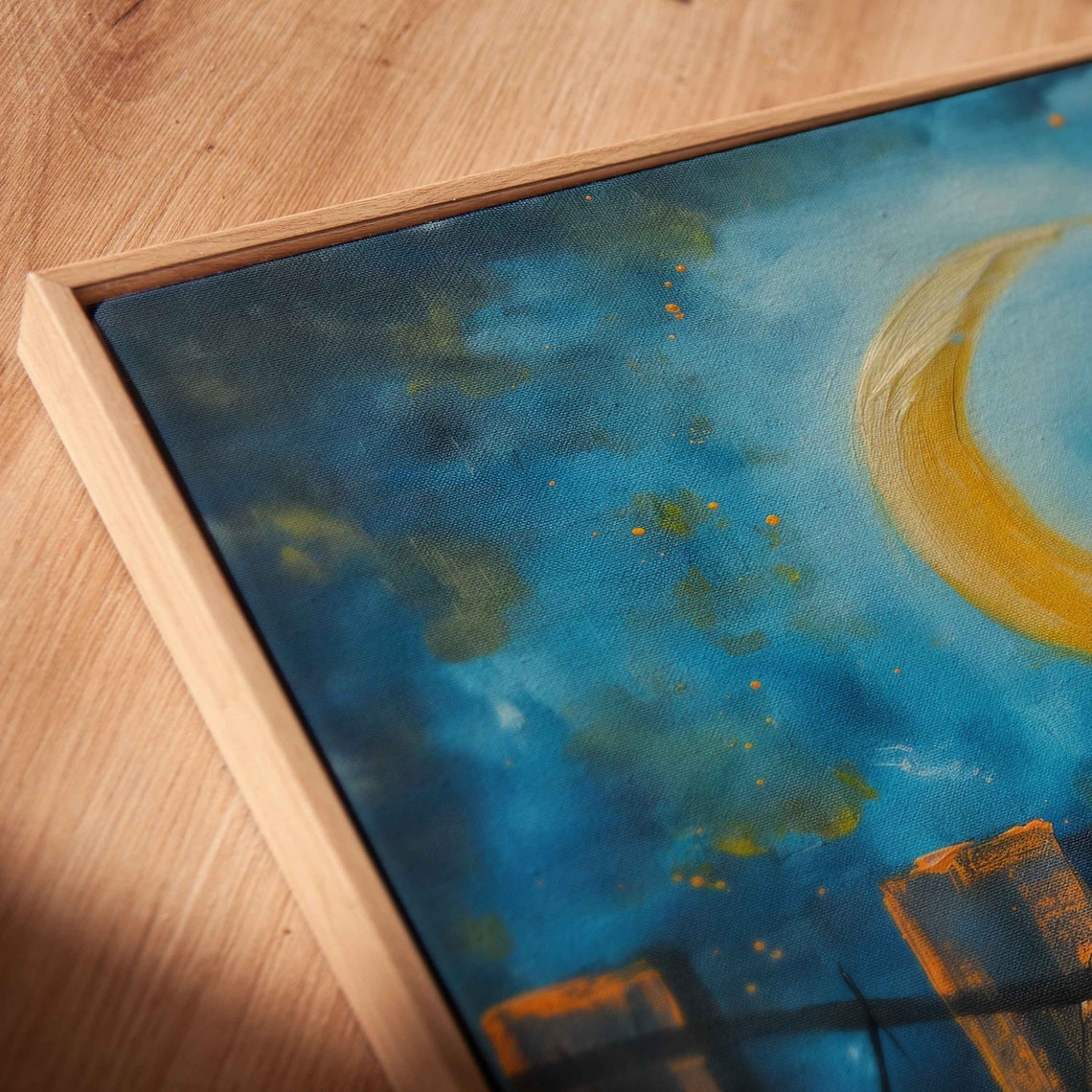 Black Cat Witch Hat Starry Night Sky Golden Moon Halloween Wall Art - Image 2