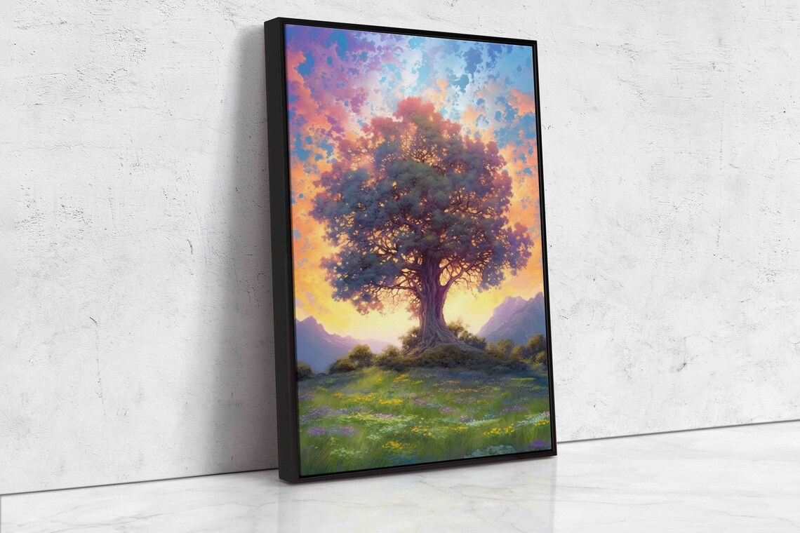 Colorful Ancient Tree In An Open Field Colorful Cloudy Skies Framed Print Ready To Hang - Image 4