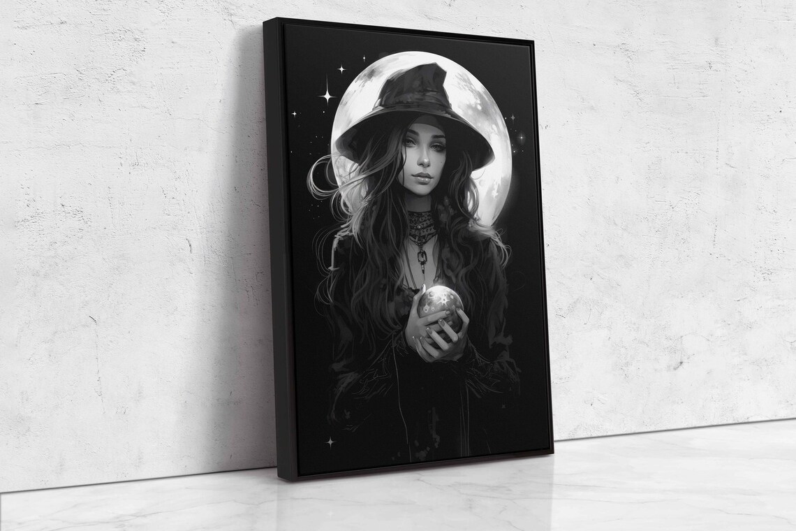 Witch Crystal Orb Full Moon Black White Gothic Halloween Portrait Art Print - Image 4