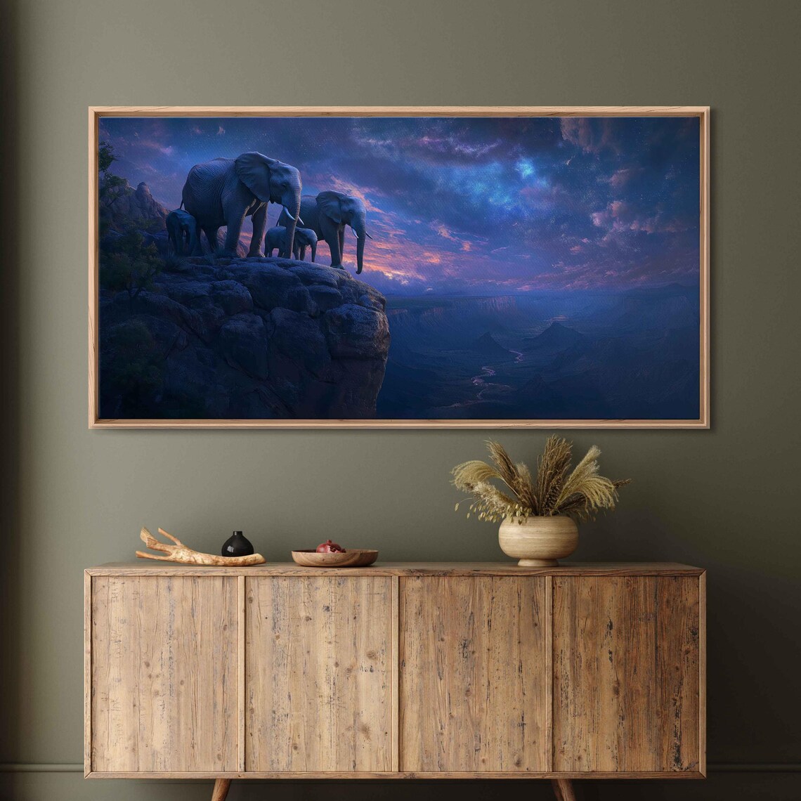 Elephant Family Rocky Cliff Twilight Panoramic Painting Starry Night Sky Majestic Poster - Image 3