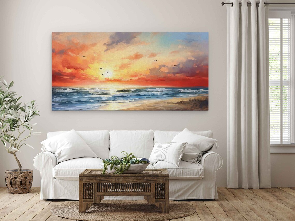 Beach Sunset Red Golden Sky Waves Oil Painting Wall Art Poster - Image 3