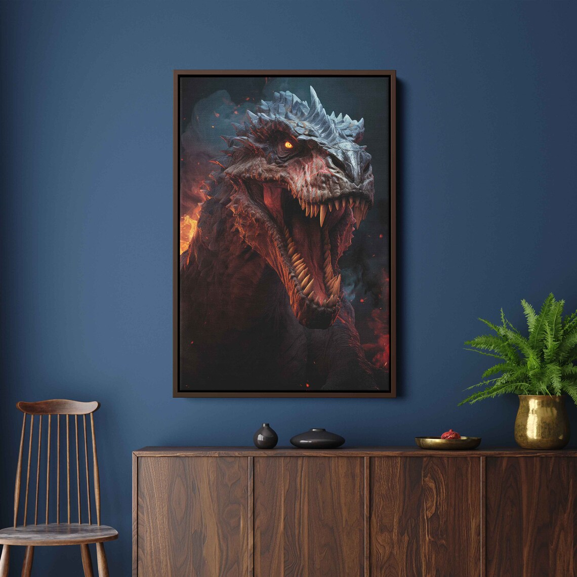 T-Rex Roaring Head On Dark Fiery Night Dinosaur Fantasy Art Poster - Image 2