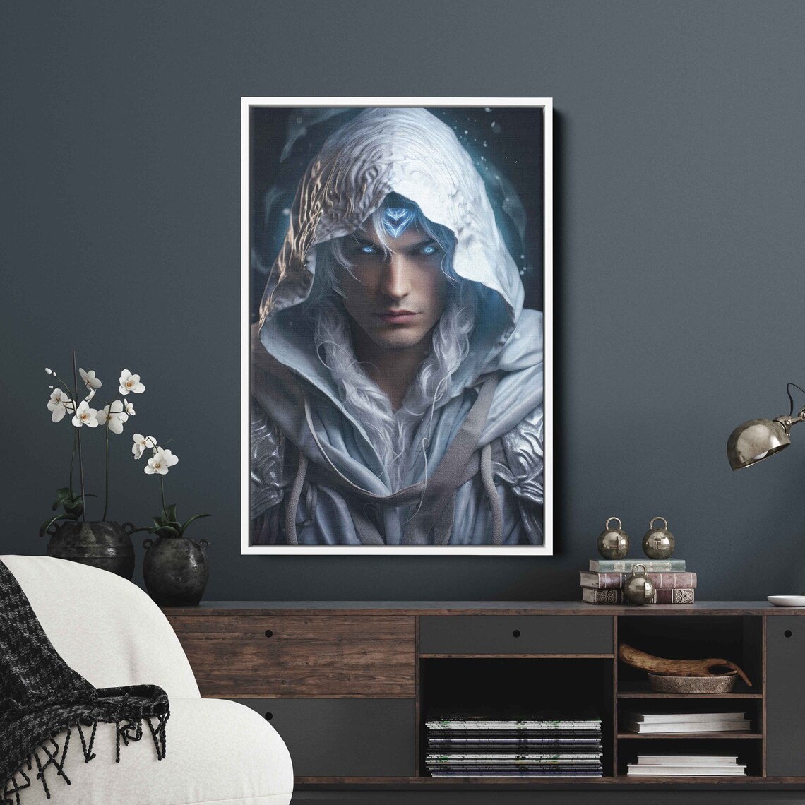 Hooded Ice Mage Fantasy Portrait Glowing Blue Gem Video Game Wall Art
