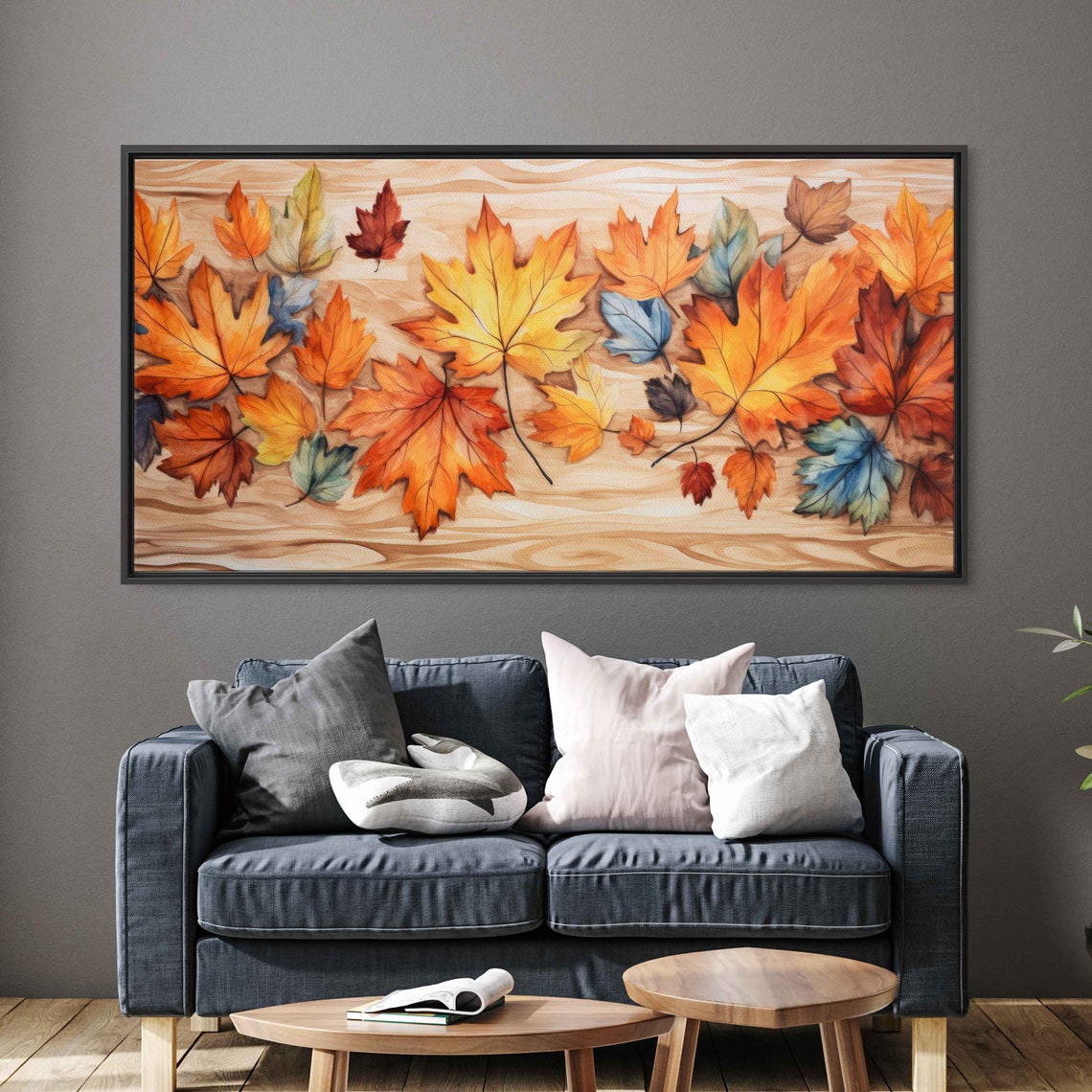 Watercolor Autumn Maple Leaves On Wood Grain Background Art Print - Image 3