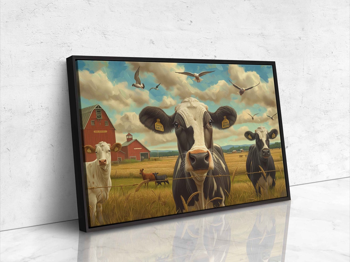 Three Cows Golden Pasture Red Barn Birds Flying Blue Sky Painting - Image 4