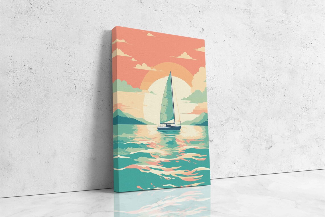 Minimalist Pastel Sailboat Sunset Calm Sea Teal Water Retro Style Travel Poster - Image 4