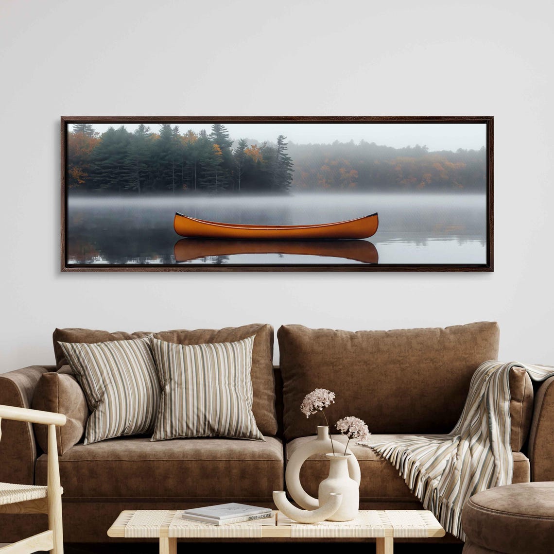 Minimalist Canoe On Foggy Lake Wall Art Print Peaceful Nature Scene High Resolution