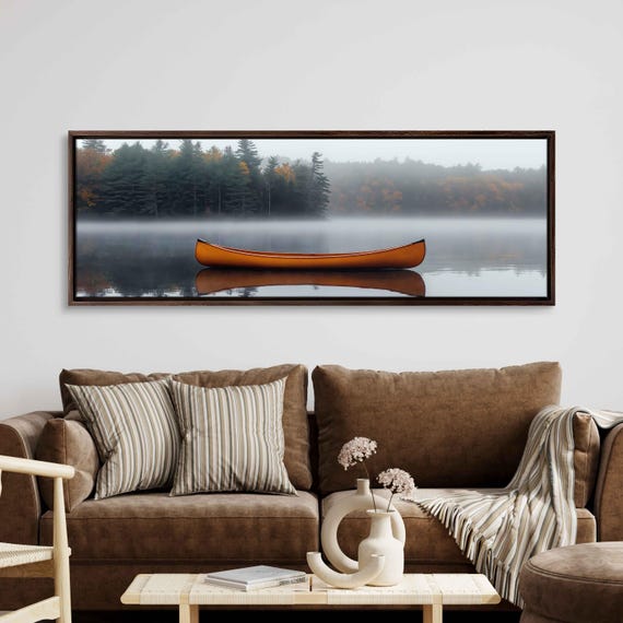 Minimalist Canoe On Foggy Lake Wall Art Print Peaceful Nature Scene High Resolution