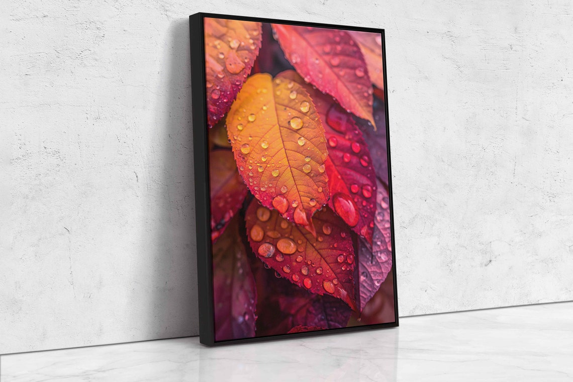 Dew Drops On Vibrant Red Orange Leaves Close Up Macro Photo Poster - Image 4