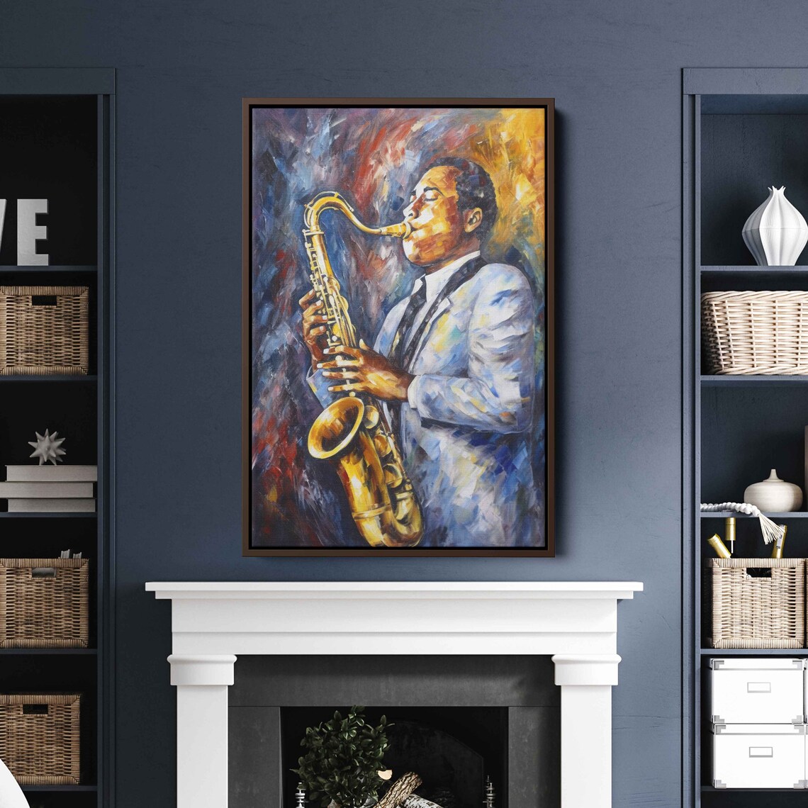 Jazz Saxophone Player Colorful Blue Suit Oil Painting Music Concert Art Print - Image 2