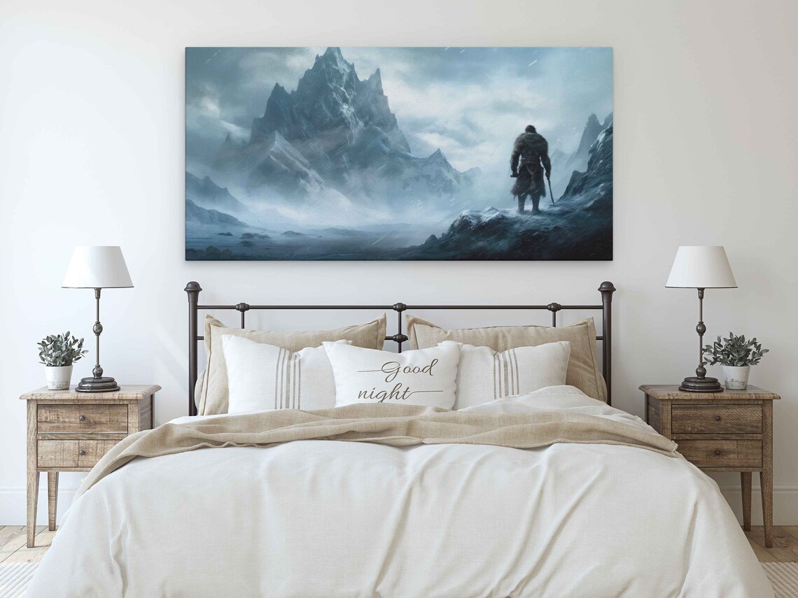 Icy Lands Barbarian Snowy Mountain Painting Framed Print Ready To Hang - Image 3