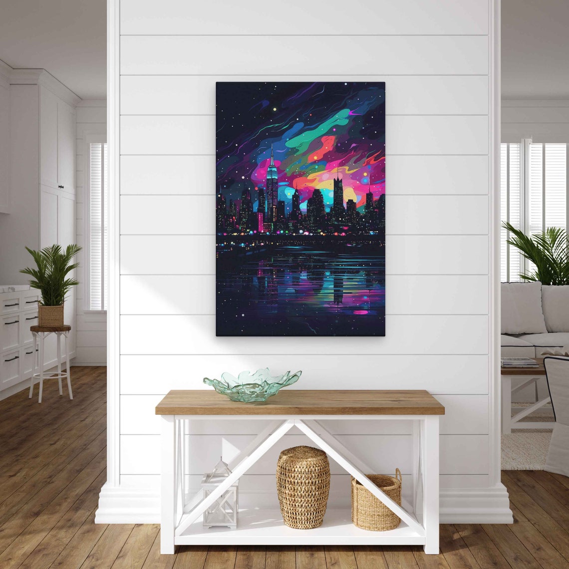 Neon Comic City Skyline Night River Lights Starry Art Poster - Image 2