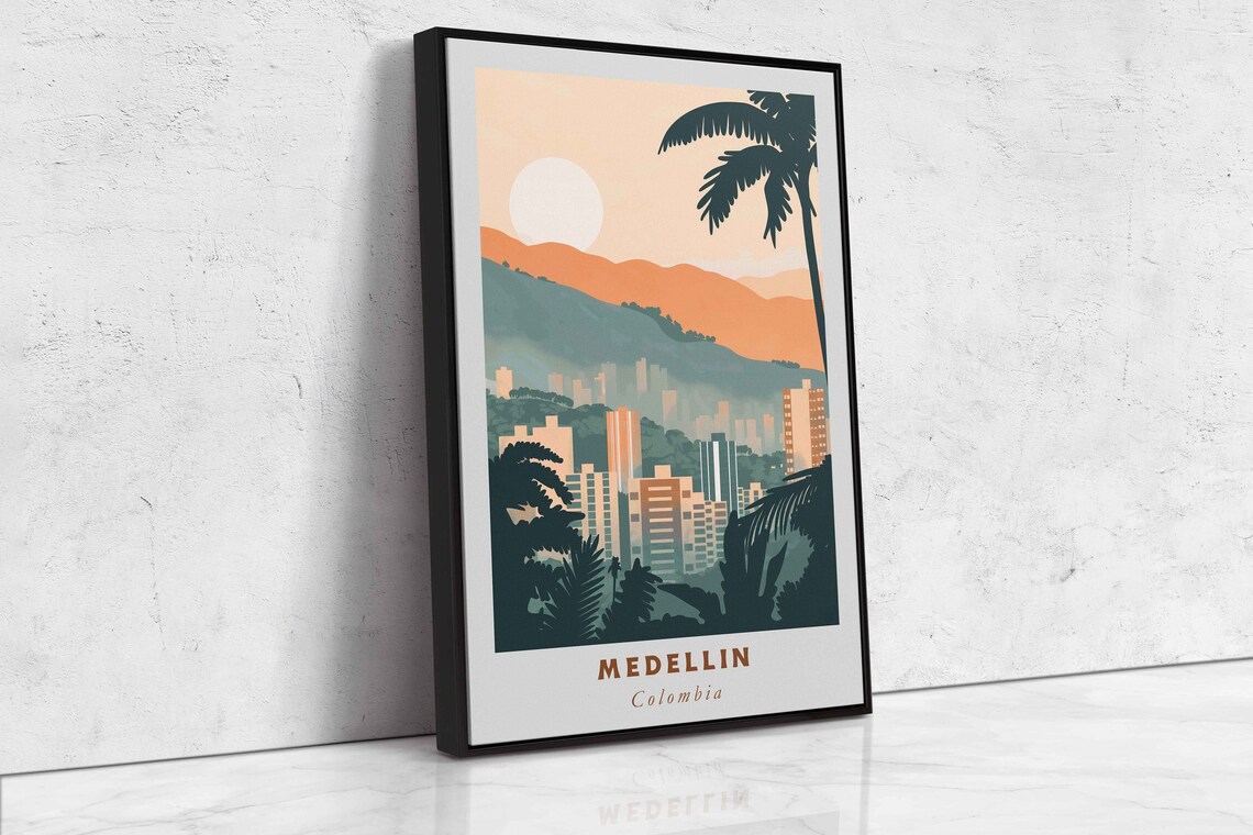 Medellin Colombia Valley Skyline Palms Mountain Sunset Travel Poster - Image 2