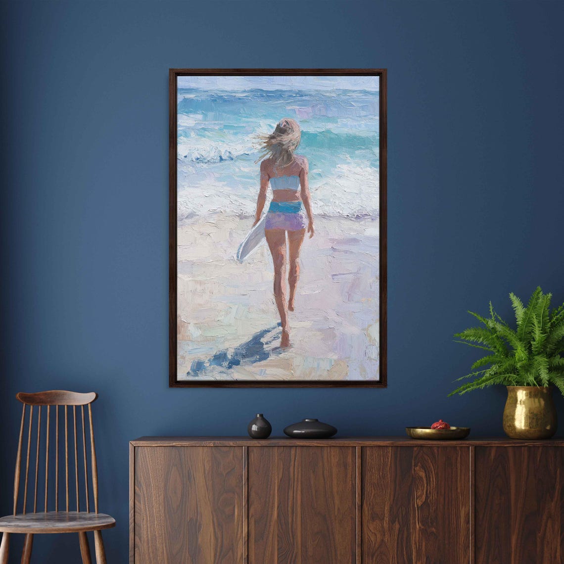 Surfer Walking Into Ocean From Sandy Beach Wall Art Print Tropical Island Gift For Surfer Blue Water Ready To Hang - Image 3