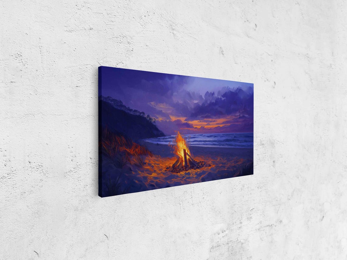 Beach Bonfire At Sunset Glowing Flames Purple Orange Sky Art Poster - Image 4