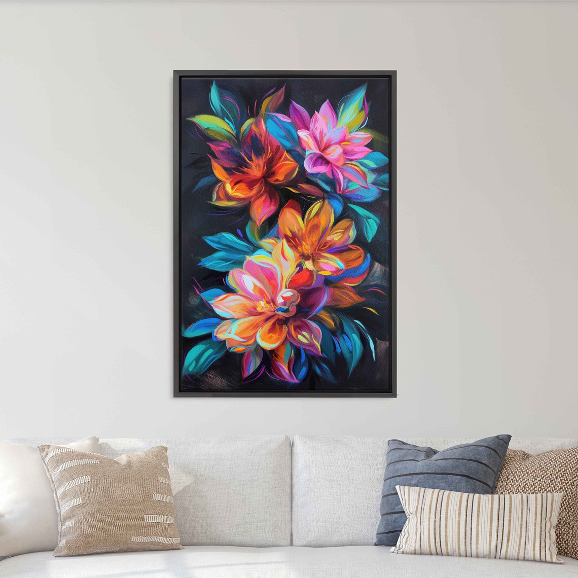Abstract Neon Flowers Dark Background Colorful Blooms Painting Poster - Image 3