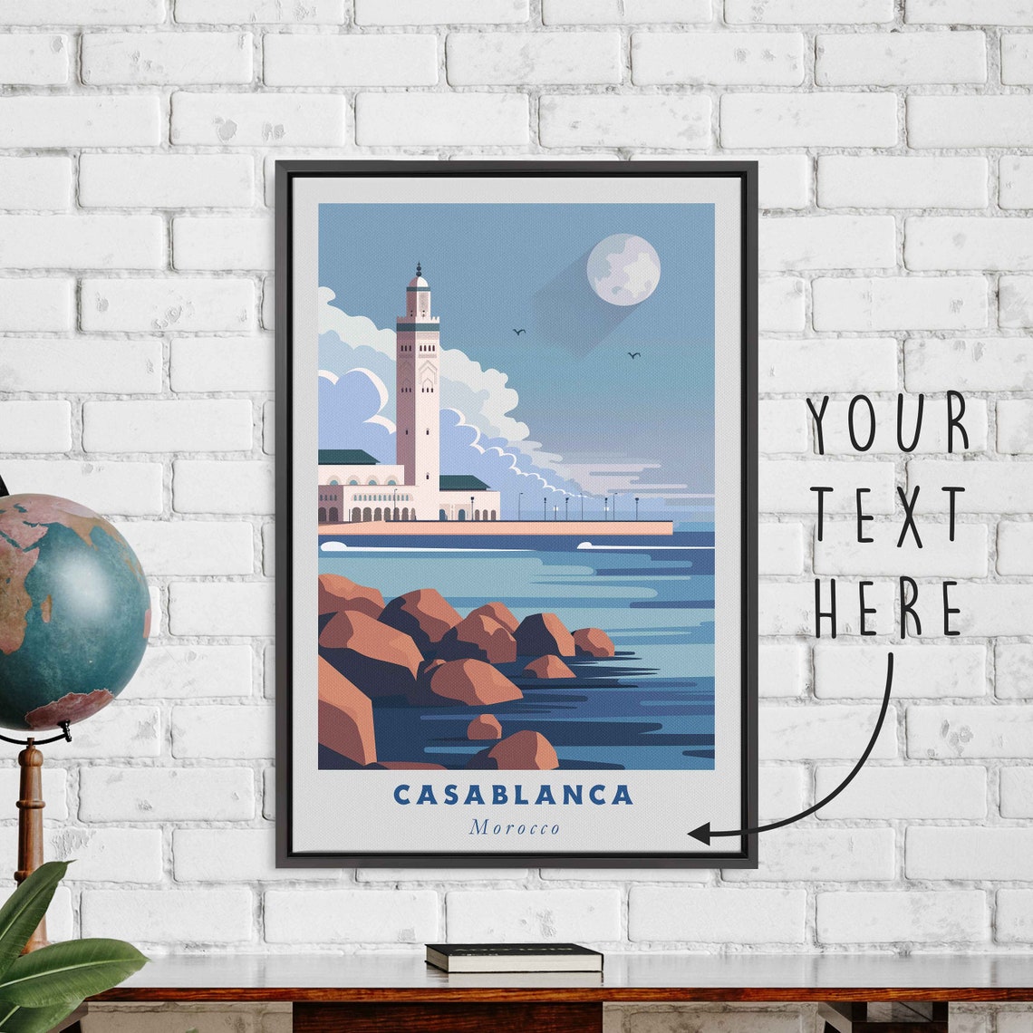 Casablanca Morocco Mosque by Night Moonlit Ocean Travel Poster