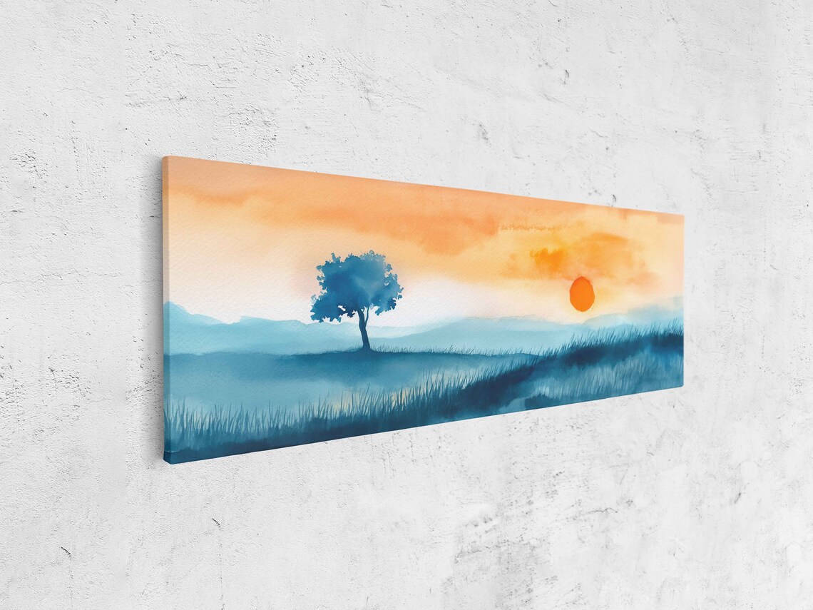 Panoramic Minimalist Watercolor Painting Single Tree In Valley At Sunset Wall Art Print Ready To Hang - Image 4