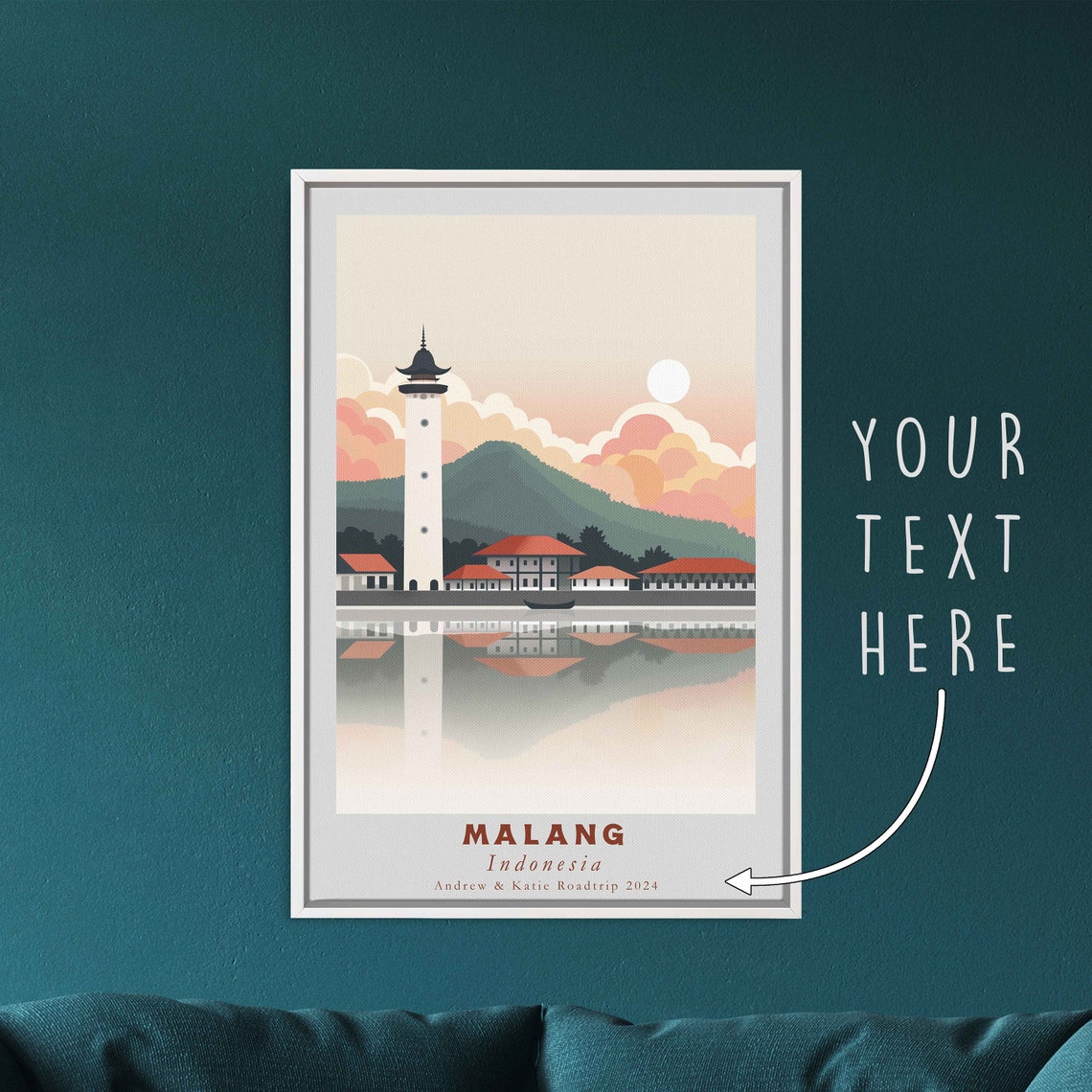 Malang Indonesia Tower Waterfront Reflection Retro Travel Poster - Image 3