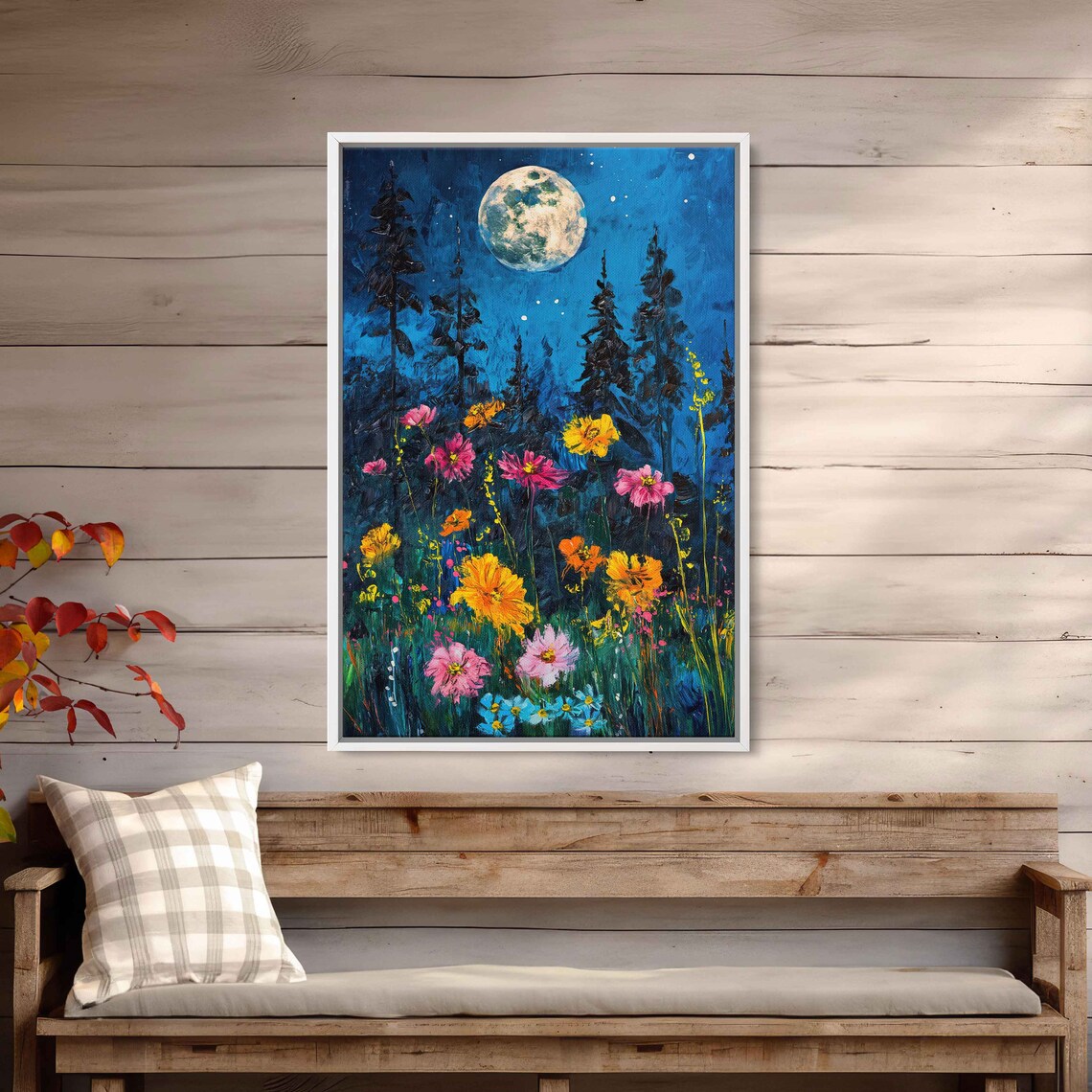 Full Moon Pink Cosmos Wildflowers Starry Night Garden Painting Art Poster - Image 3
