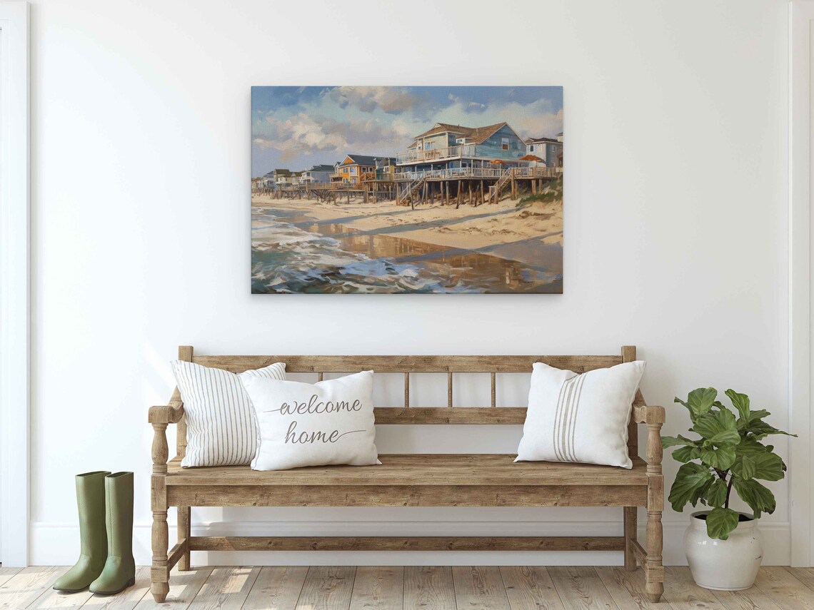 Rehoboth Beach Delaware Oceanfront Cottages Stilt Houses Sand Painting Poster - Image 2