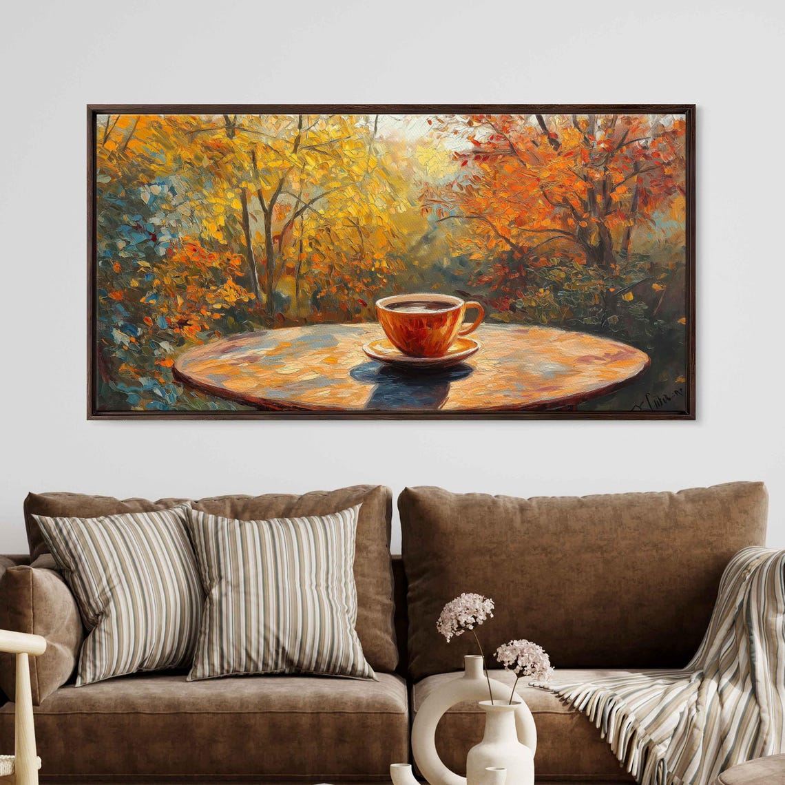 Terracotta Coffee Cup On Table In Golden Autumn Woods Art Print - Image 3
