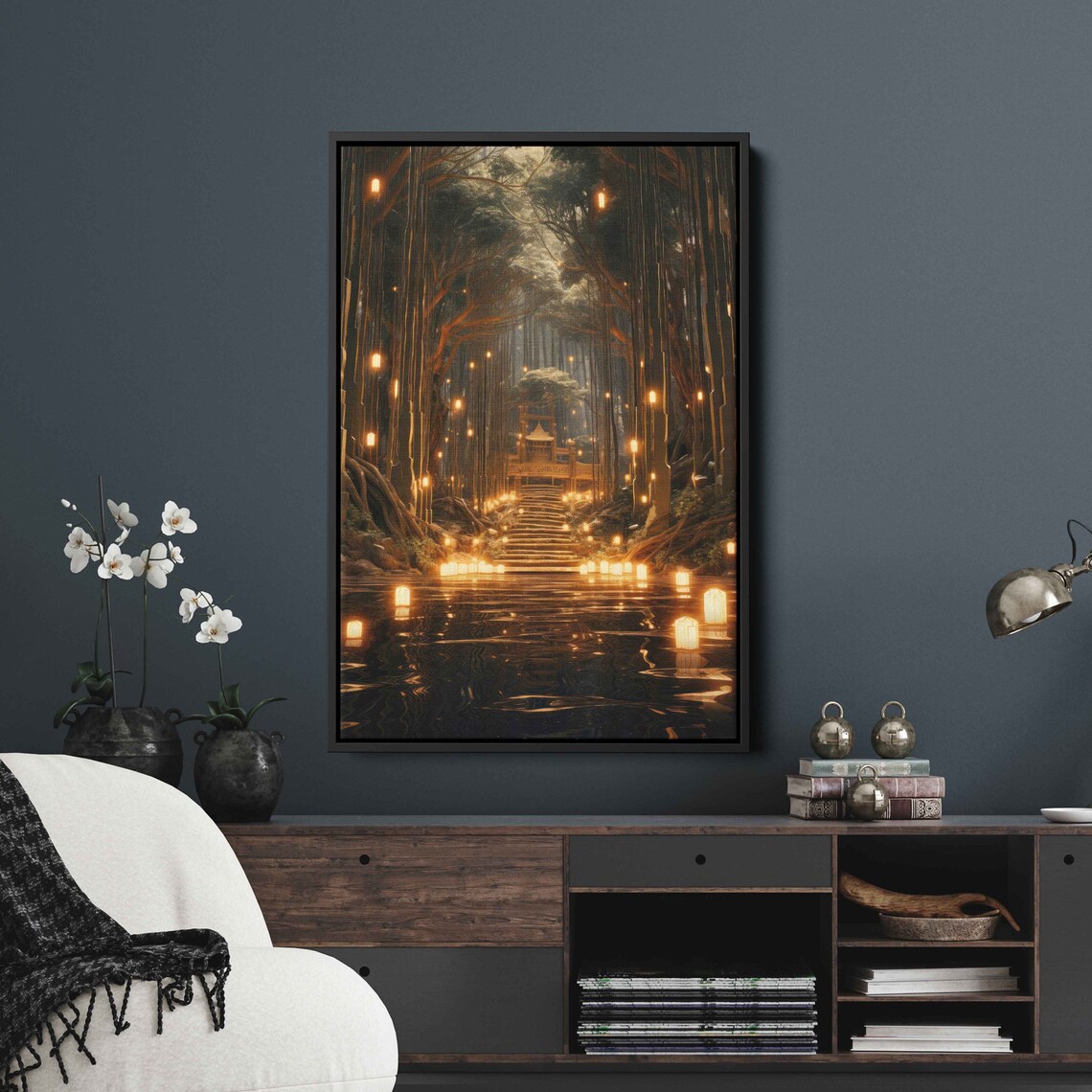 Bamboo Forest Lantern Path, Magical Woods Art Print - Image 3