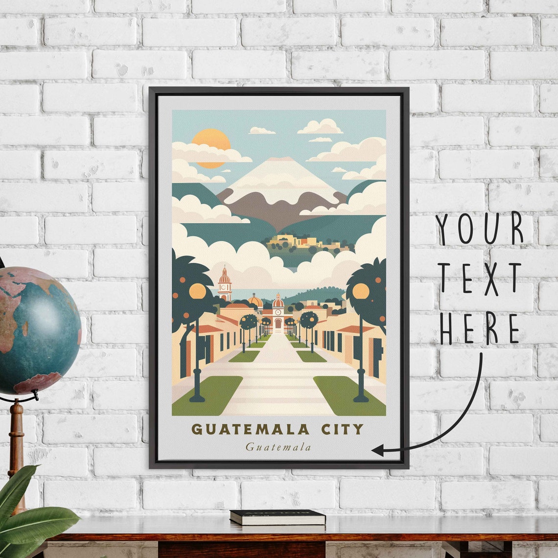 Guatemala City Volcano Colonial Avenue Sunrise Travel Poster