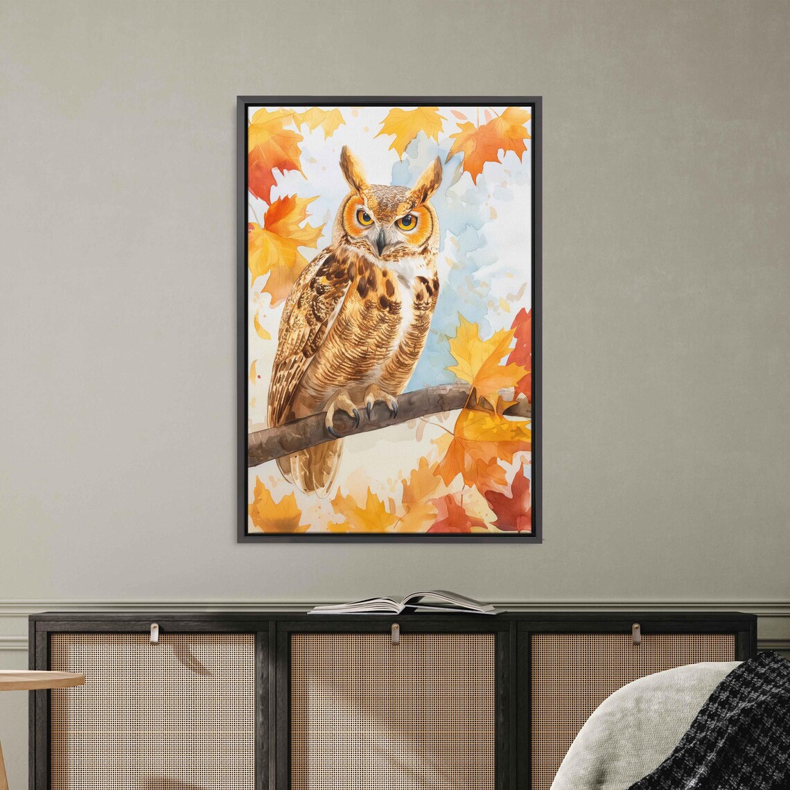 Great Horned Owl Perched Branch Autumn Leaves Watercolor Poster