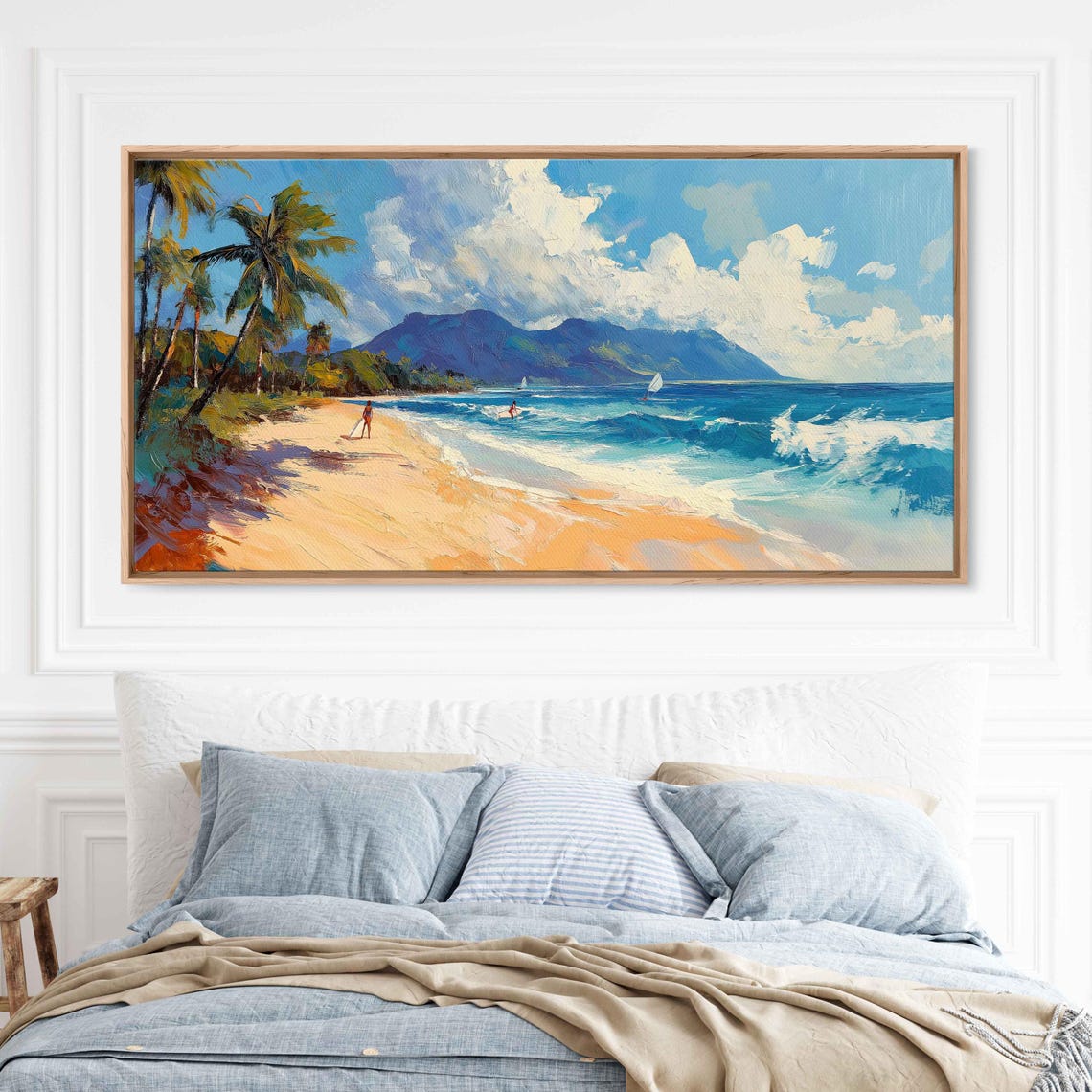Surfers Catching Waves Off Tropical Island Beach Wall Art Print Gift For Surfer Blue Water Ready To Hang - Image 3