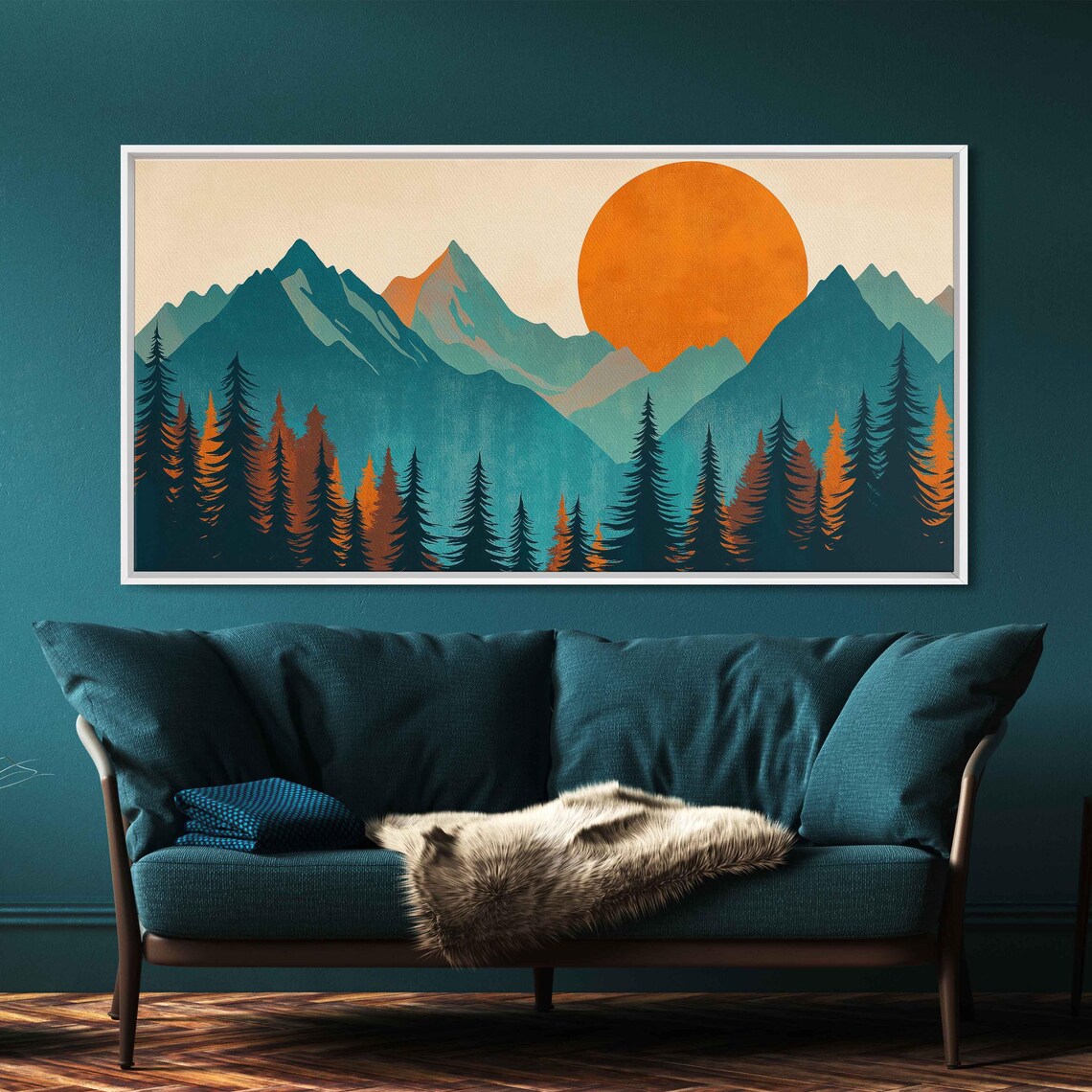 Woodcut Sunset Over Mountain Range And Forest Wall Art Print Nature Lover Outdoors Scenery Gift For Hiker Ready To Hang