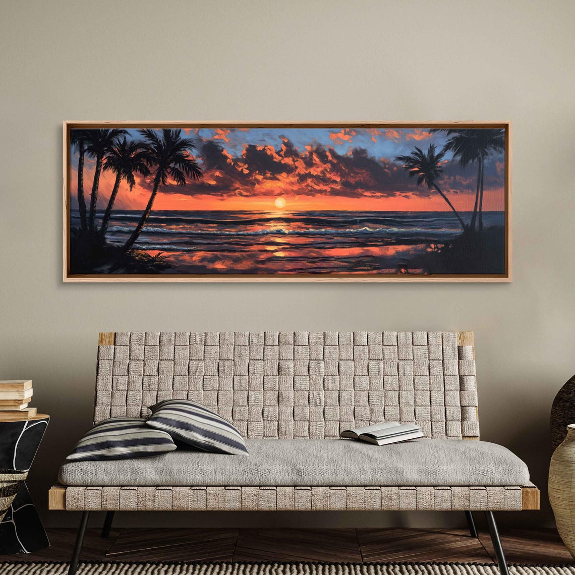 Vintage Beach Sunset Wall Art Print Palm Trees Silhouette Warm Orange And Pink Hues