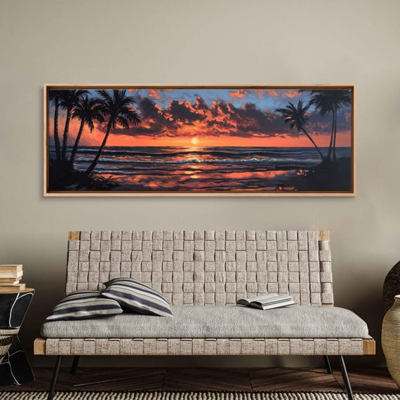 Vintage Beach Sunset Wall Art Print Palm Trees Silhouette Warm Orange And Pink Hues