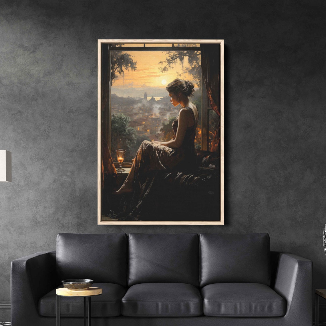 Woman On Windowsill Watching Sunset Over City Evening Wall Art - Image 3