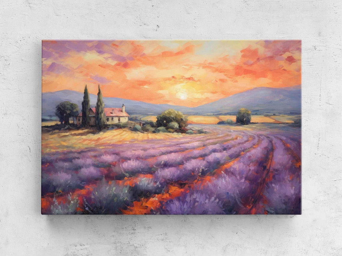 Lavender Field Sunset Farmhouse Impressionist Purple Rows Art Poster