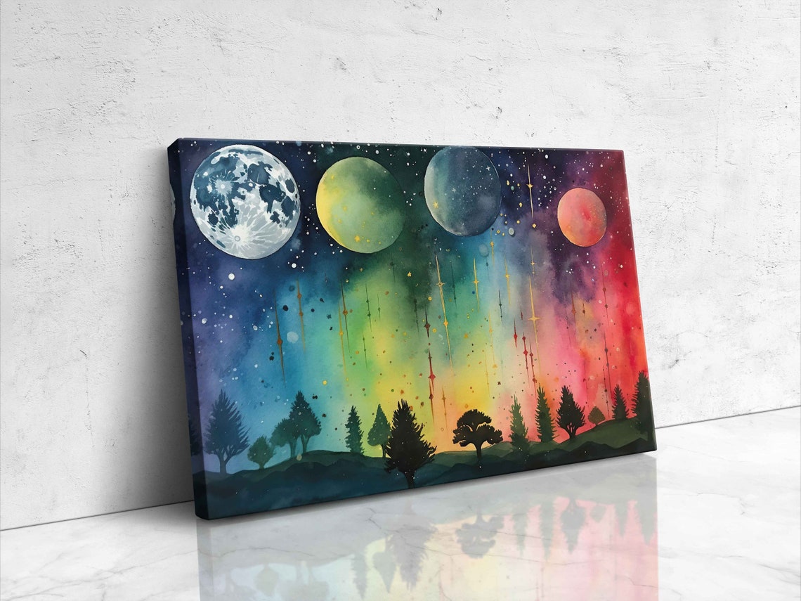 Celestial Night Sky Four Planets Aurora Rainbow Trees Watercolor Print - Image 4