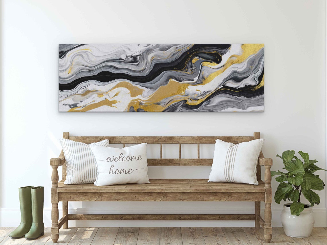 Black White Gold Panoramic Marble Swirl Abstract Wall Art Poster - Image 2