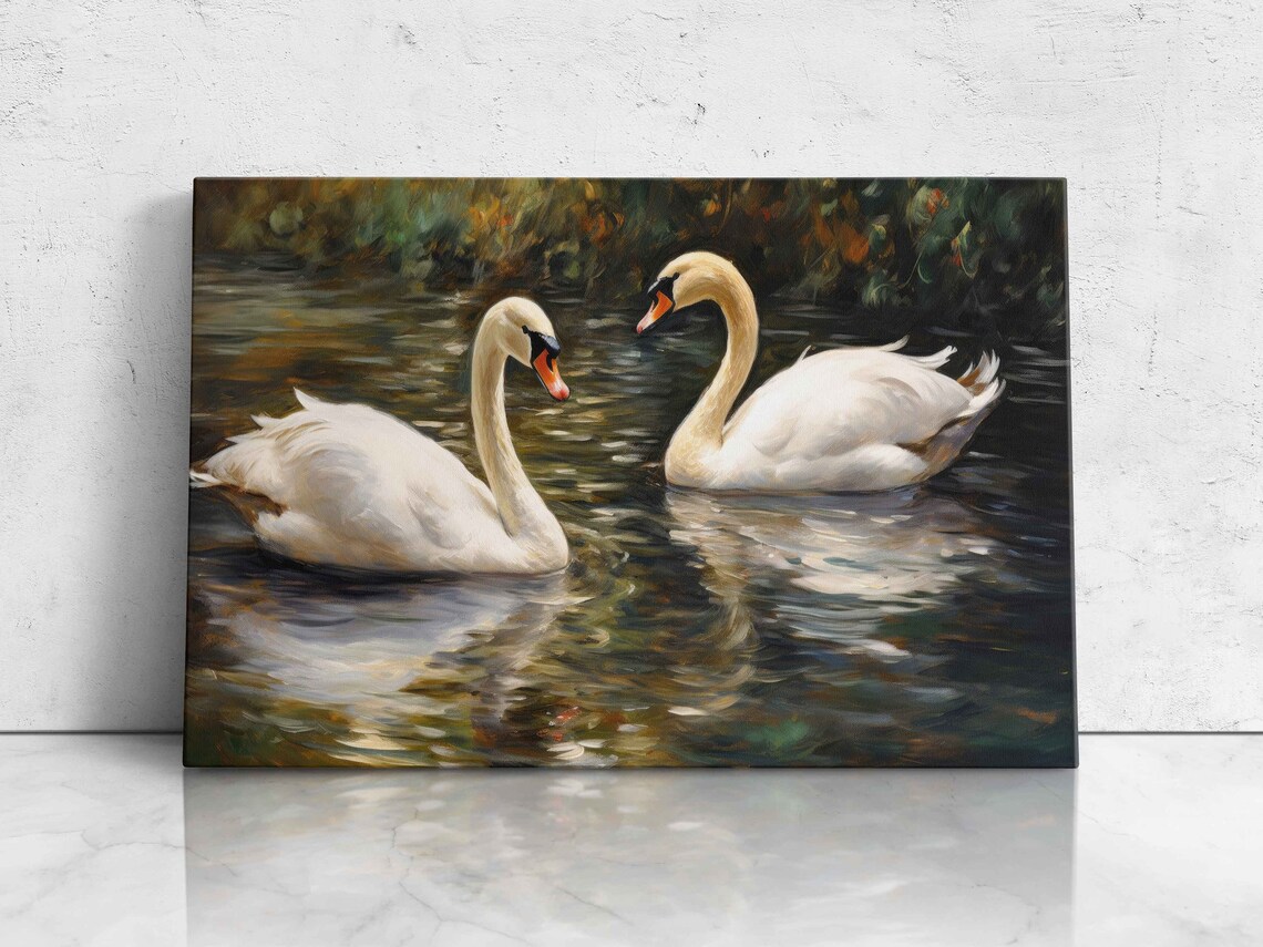 Swans Swimming in a Pond, Impressionist Art Print